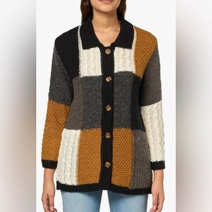 Multiples Patchwork Button-Up Cardigan - Black, Gray, Cream, Brown